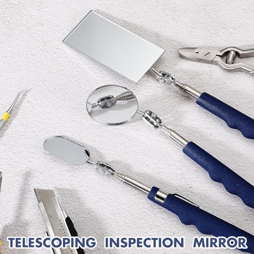 Copkim 3 Pieces Telescoping Inspection Mirror Stainless Steel Extendable Mechanic Mirror with Long Handle Tool for Technicians Mechanics Contractors(50/50/25 mm,Square,Round,Oval)