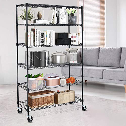 Wire Shelving Garage Shelving Unit Storage Metal Shelf Heavy Duty 6-Shelf Height Adjustable Wire Shelf Organizer 48" x 18" x 76" NSF Commercial Rolling Steel Rack,2100 Lbs Capacity with Wheels,Black