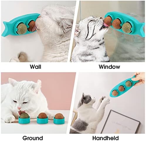 Catnip Balls Toy for Cats, MOMSIV Rotatable Edible Silvervine Gall Nut Licking Treat Toy Wall Ball for Indoor Cat Chew with 2pcs Dog Cat Finger Cleaning Toothbrush & Kitty Spring Interactive Toy, Blue