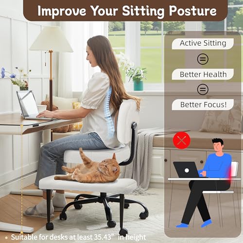 Image of Ergonomic Criss Cross Legged Office Chair, ADHD Chair, 360 Swivel Meditation Kneeling Chair with Wheels, Adjustable Footrest, Wider Height Adjustable Seat, Lumbar Support, Teddy Fabric, OffWhite