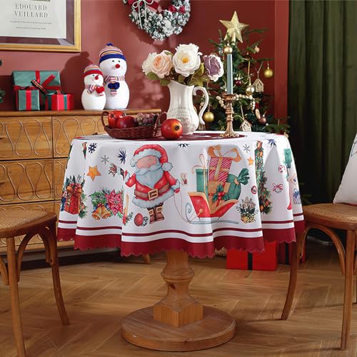 auons Christmas Tablecloth Round 60 Inch, Snowflake Santa Claus White Washable Table Cloths Christmas Decorations - Image 2