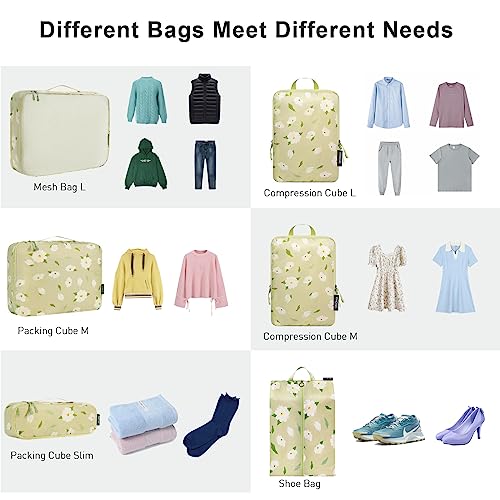 Bagail Ultralight Packing Cubes 7 Set, 3 Compression Packing Cubes 3 Packing Organizers With 1 Shoe Bag-Green Flower #TOP3