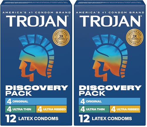 Image of Trojan Discovery Pack, Assorted Latex Lubricated Condoms for Men, Original, Ultra Thin & Ultra Ribbed Varieties, 12 Count (Pack of 2)
