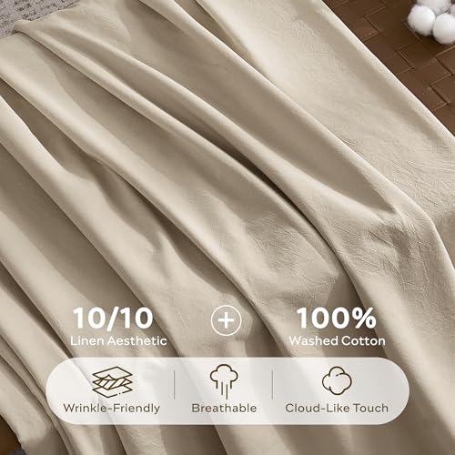 Image of JELLYMONI Washed Cotton Duvet Cover Queen, 3-Piece Oatmeal Bedding Set | 100% Washed Cotton, Linen-Look Texture, Oeko-Tex Certified, 8 Corner Ties & Button, Multi-Scene Use