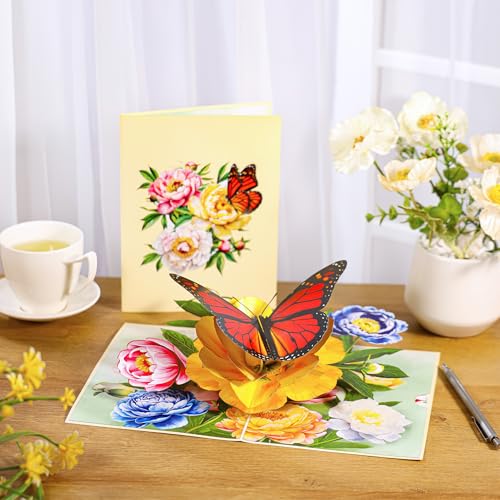 Image of Pop Up Flower Card, Greeting Card, Butterfly and Pink Peony Flower 3D Pop Up Card 6 inchx 8 inch, Mother's Day Pop Up, Anniversary, Birthday, Valentine's Day Card, Wife, Grandma