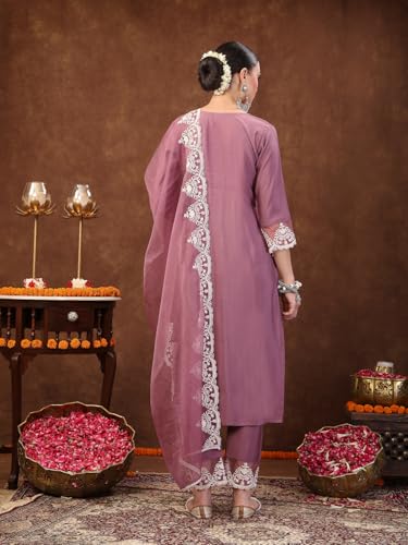 Image of Stylum Women's Embroidered Silk Blend Straight Kurta with Pant & Dupatta
