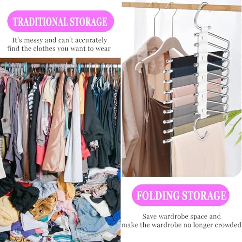 ZPQAODI Hosenbügel Kleiderbügel Platzsparend, 2 Stück 9 In 1 Edelstahl Faltbare Hosenkleiderbügel, rutschfest Mehrfach Bügel Hosenkleiderbuegel für Hosen, Kleidung (weiß grau)