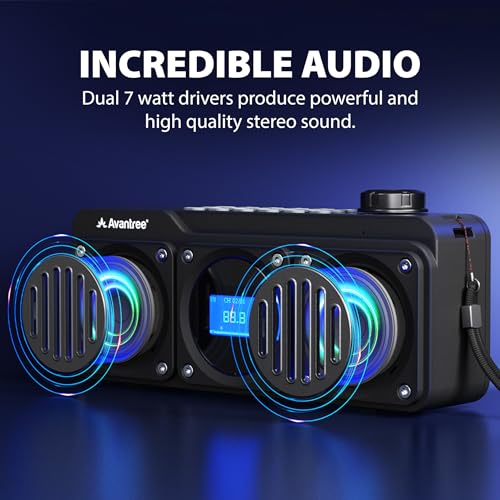 Avantree Boombyte - Przenośne radio FM z głośnikiem Bluetooth, mocny dźwięk, metalowe wykończenie, odtwarzacz MP3, Micro SD i USB audio, długi czas pracy, ładowalne, łatwe w użyciu - Czarny
