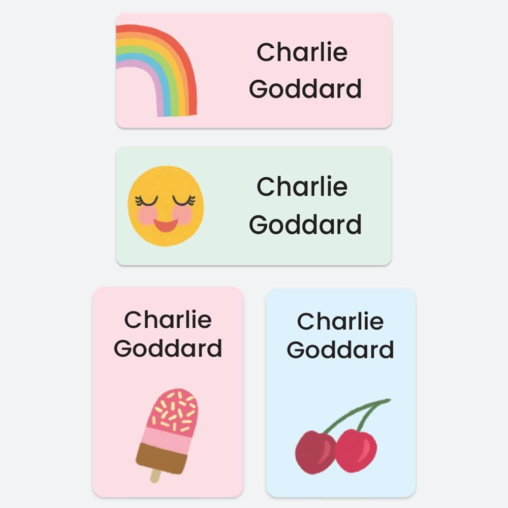 43 x Mixed Pack No Iron Personalised Stick On Waterproof Washable Name Labels Clothes, School Uniform, Equipment, Shoes and More. School, Nursery, Day Care, Hospital - Cute Icons Rainbow Mix