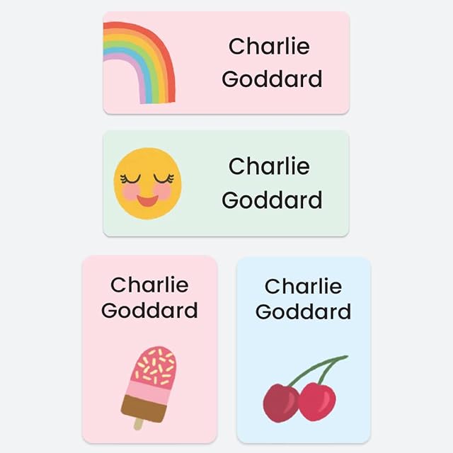 43 x Mixed Pack No Iron Personalised Stick On Waterproof Washable Name Labels Clothes, School Uniform, Equipment, Shoes and More. School, Nursery, Day Care, Hospital - Cute Icons Rainbow Mix