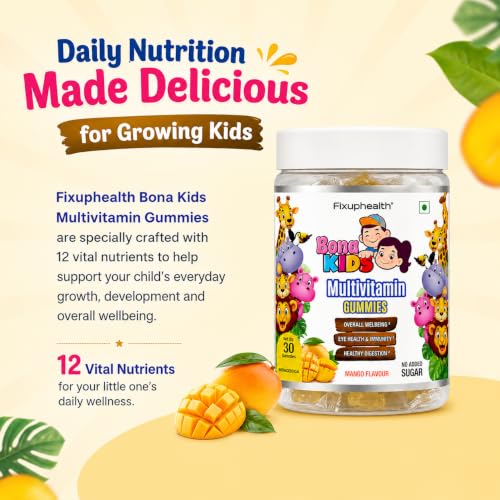 Image of Fixuphealth Multivitamin Gummies for Kids with 12 Vitamins & Minerals, Vitamin C, Iron, Zinc, Magnesium & Vitamin D2 | Gummy Bear Multivitamin for Kids 2-6 Years | Mango Flavored 30 Gummies