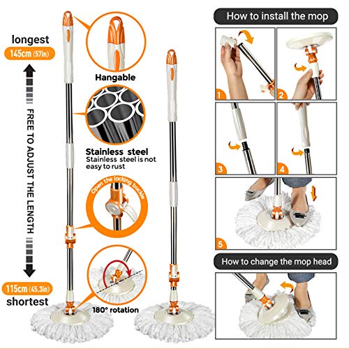 Mastertop Spin Mop And Bucket With Wringer Set, Floor Cleaning System, Easy Wring Foot Pedal, Stainless Steel Mop Handle, 5 Microfiber Refills, 5 Cleaning Clothes, Hardwood Laminate Tiles #TOP4