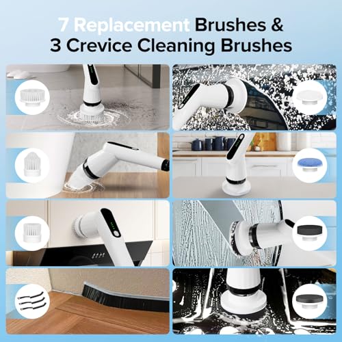 Dreazu Electric Spin Scrubber, IPX7 Electric Cleaning Brush with 7 Replaceable Brush Heads & Retractable Handle, 2-Speed Adjustable Spin Scrubber for Bathroom, Bathtub, Kitchen, Tile Floors