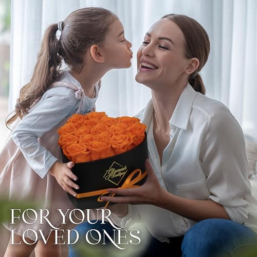 Image of GLAMOUR BOUTIQUE 16 Flower Forever Heart Shape Box, Mothers Day Gift For Mom, Eternal Preserved Roses Gift for Her, Flowers bouquet, For Birthday, Anniversary, Girlfriend - Orange (Color-Treated)