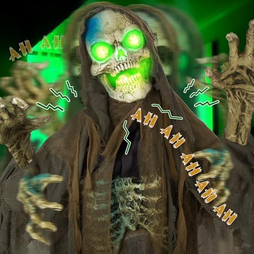 51gOgFrL7eL._AC_ 72" Animatronics Standing Skeleton with Sound & Touch Activated Luminous Eyes, Scary Sounds, Movement, Life-Size Halloween Decoration for Haunted House Props, Indoor/Outdoor, Lawn,