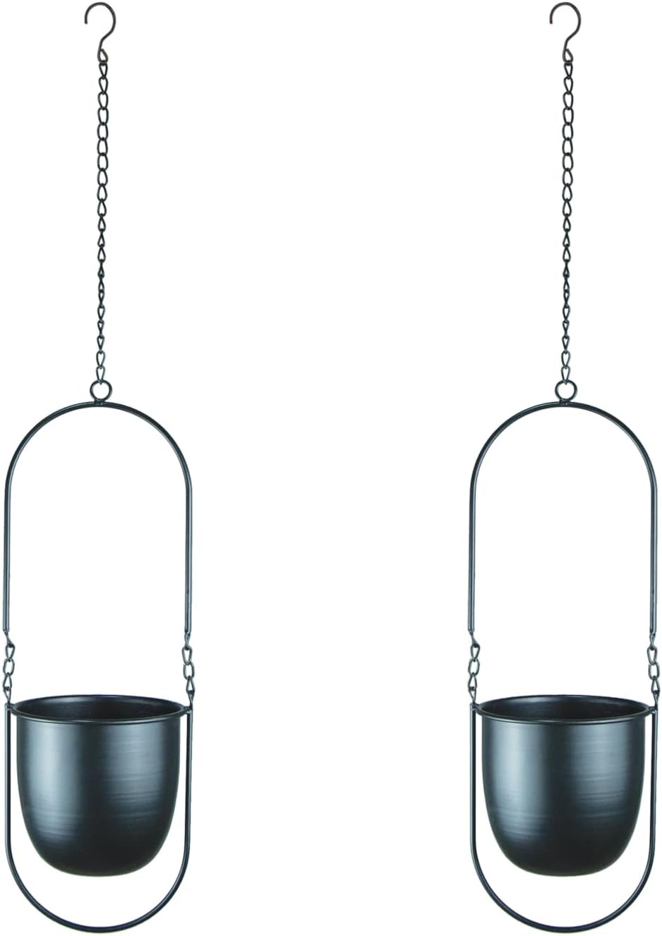 Modern Metal Hanging Planters with 6 Inch Pots and Sleek Chains - Set of 2 Oval Geometric Plant Hangers - Black Wall and Ceiling Mount Flower Holders for Indoor Décor