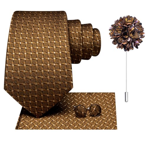 Image of Hi-Tie Men Silk Ties Set with Flower Lapel Pin Necktie Pocket Square Cufflinks for Tuxedo Wedding Business