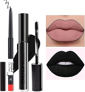 AMY'S DIARY 2pcs Black Matte Lip Liner and Lipstick Makeup Set, Black Lip Stain and Lip Liner Long Lasting Waterproof Set Dark Lipstick&Lip liner Make Up Lipstick Matte with Lip liner kit (#19)