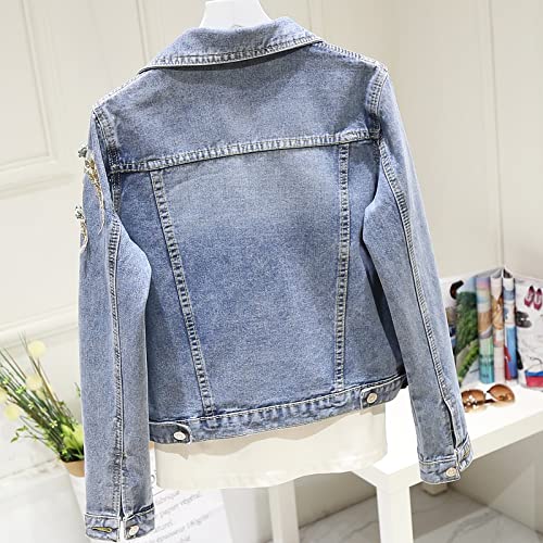 Wssbk Autumn Women Denim Jacket Embroidery Three Dimensional Flowers Pearl Bead Denim Coat Long Sleeve Slim Jean Jacket (Color : Blue, Size : S Code) #TOP3