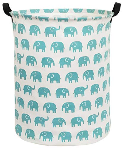 HIYAGON Canvas Storage Basket,Large Laundry Hamper with Handles-Collapsible Storage Bin for Kids Room,Nersury Hamper,Toy Storage 19.7×15.7(Blue Elephant)