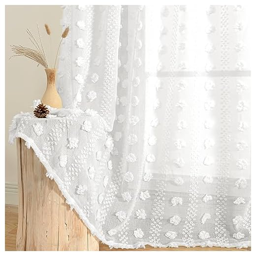 BGment White Pom Pom Sheer Curtains 63 inch Length, Boho Textured Light Filtering Curtains with Rod Pocket and Back Tab for Bedroom Nursery, Set of 2 Panels, White, 52 x 63 Inch
