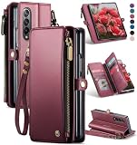 Defencase Wallet Case Compatible with Samsung Galaxy Z Fold 4 with RFID Blocking Card Holder & S Pen Holder Slot PU Leather Magnetic Snap Flip Zipper Strap Phone Case Fit for Galaxy Z Fold 4, Wine Red