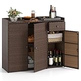 Tangkula Rattan Outdoor Storage Cabinet, Patiojoy Outdoor Cabinet with 4 Adjustable Shelves, 1 Drawer, 3 Doors, Patio Storage Deck Box Table for Patio Garden Poolside (Mix Brown)
