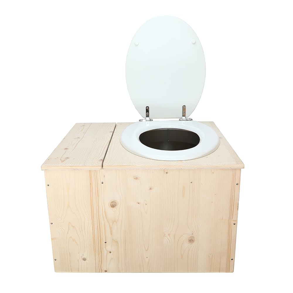 Toilette sèche avec bac à copeaux de bois intégré, Livré monté avec abattant blanc, seau inox et bavette de protection inox - Fabrication artisanale Française - N17