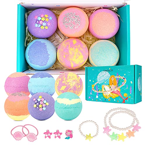 Canvalite Kids Bath Bombs with Surprise Inside 6 Pcs Handmade Bath Bombs Kits Mermaid Gifts for Girls Skin Friendly and Safe Natural Bath Bombs Spa Fizzy Bubble Bath with Little Girls Jewelry