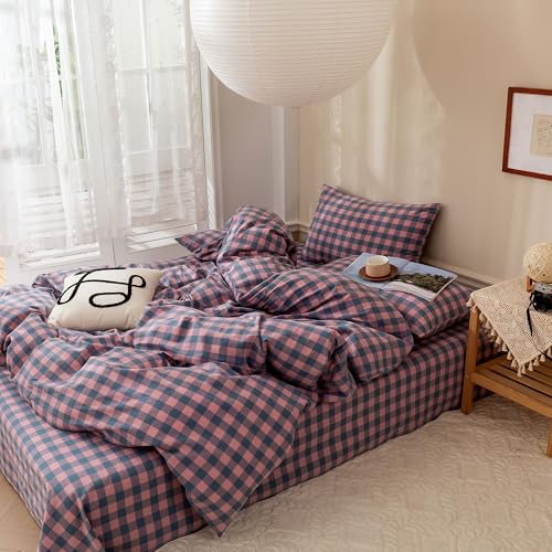 Image of EAVD Modern Purple Pink Plaid Duvet Cover King Soft Cotton Reversible Grid Plaid Bedding Set with 2 Pillowcases Simple Checkered Geometric Duvet Cover with Zipper Closure