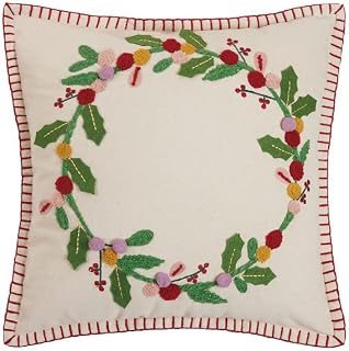 Peking Handicraft Boho Holiday Wreath Pillow, 16-inch Length, Cotton Duck, Poly, Christmas, Home Décor, Holiday Tradition