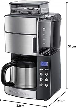 Cafetera de Goteo Grind & Brew - 10 Tazas, Jarra Térmica 1L, Molinillo para 250 g, 3 Niveles Molienda, Selector de Intensidad, Programable, Acero Inoxidable, Plata y Negro - 25620-562