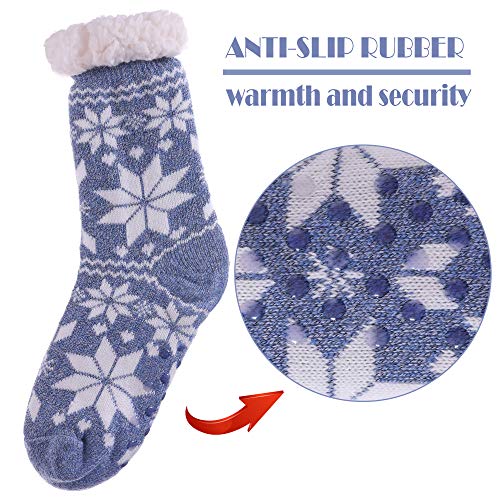 Dosoni Women's Winter Fuzzy Slipper Socks Non Slip Soft Cozy Fleece Lining Knit Thick Warm Christmas Socks (Snowflake Blue) #TOP3