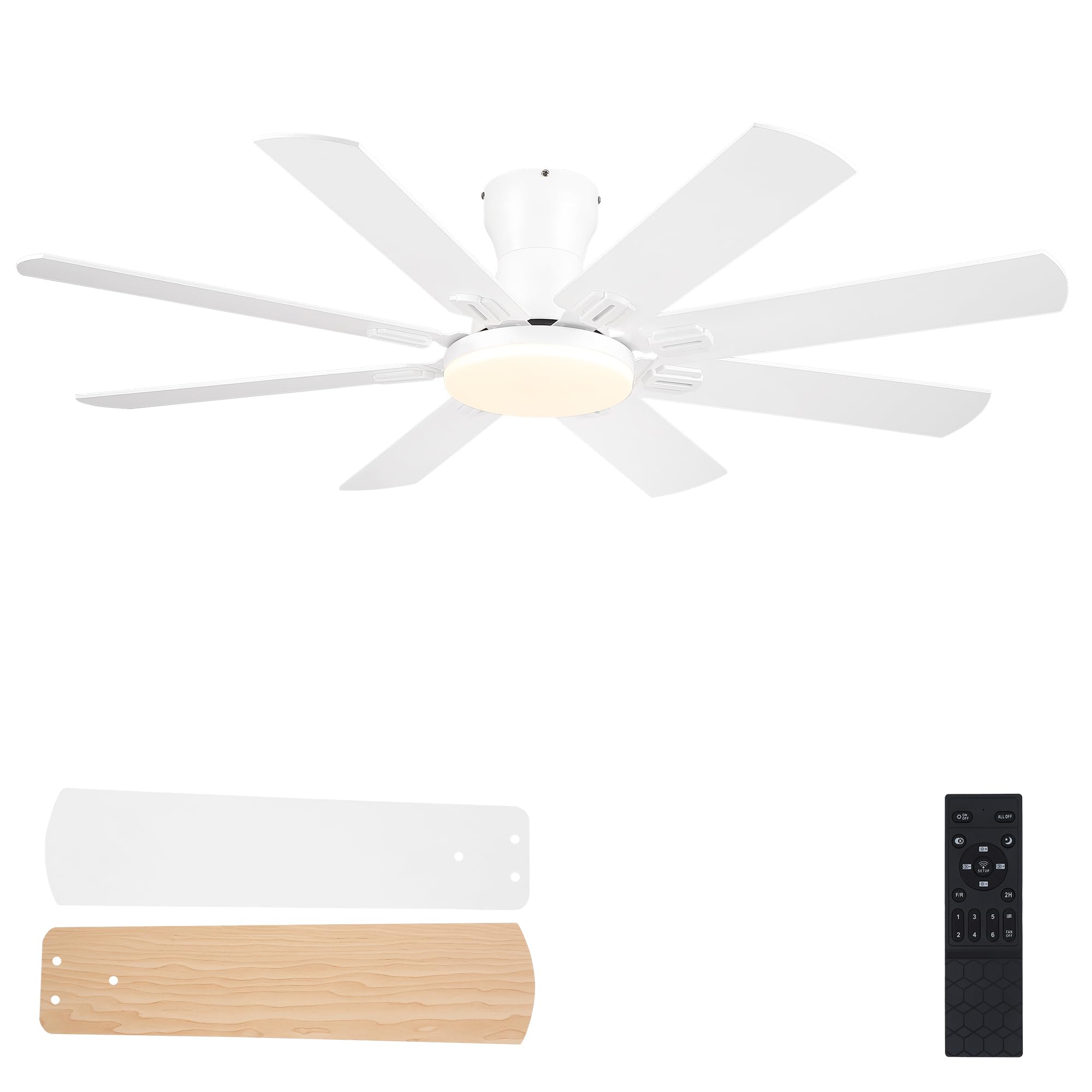 JSAITEE Ceiling Fans with Lights, 52 Inch Low Profile Ceiling Fan,White