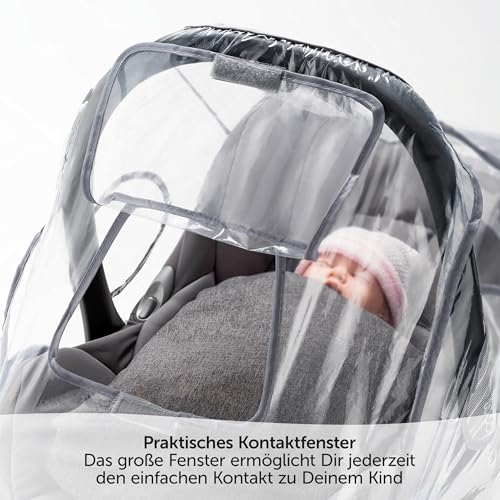 Universal Komfort Regenschutz für Babyschale (z.B. Maxi-Cosi/Cybex/Römer) - gute Luftzirkulation, verschließbares Kontakt-Fenster, Eingriffsöffnung für Tragegriff, PVC-frei