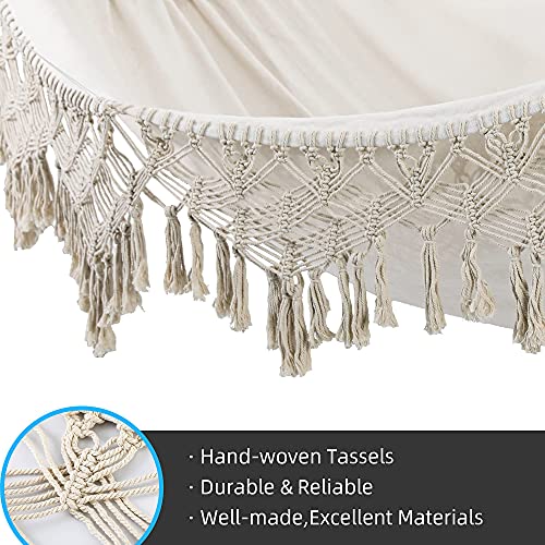 Rooity Indoor Hammock With Macrame Fringe For 2 Persons,Double Boho Hammocks With Tassels,Portable Cotton Rope Hamaca Swing With Travel Bag For Outside,Porch,Garden,Patio,Backyard,Up To 500Lbs White #TOP3