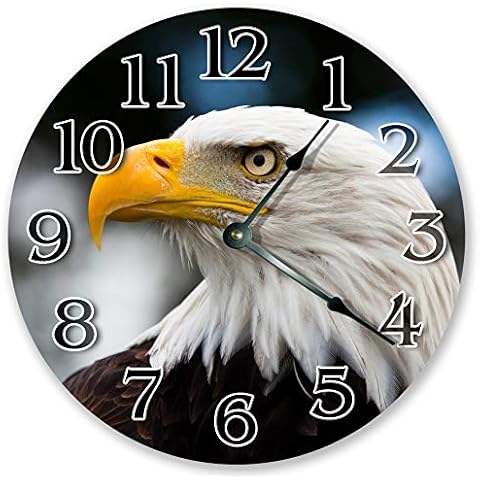 Sugar Vine Art Bald Head Eagle Silent Non Ticking Round Battery Operated Handmade Hanging Large 10 Inch Wall Clock for Bedroom Office Cottage Decoration Cover