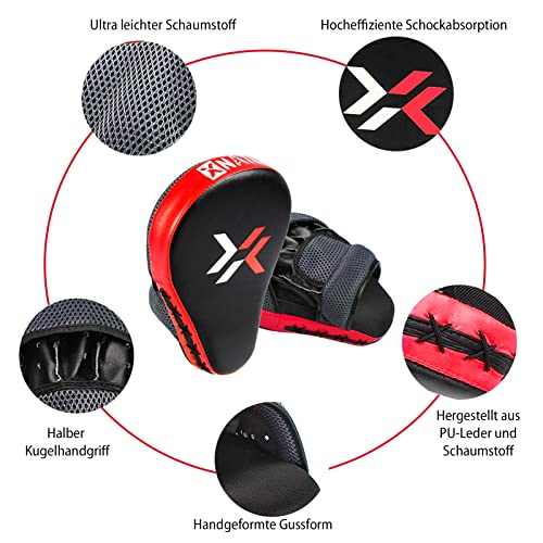 Pratzen Boxen mit hochwertiger Polsterung - 1 Paar Kickboxen Boxpratzen für optimale Schlagdämpfung,Trainerpratzen Boxing Pad für Männer Frauen,Schlagkissen für Karate MMA Taekwondo Muay Thai-Rot