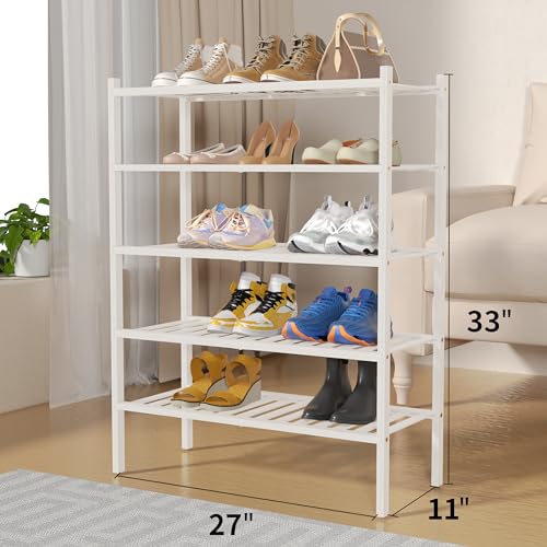 5 Tier Bamboo Shoe Rack for Closet Free Standing Wood Shoe Shelf for Entryway Small Space Stackable 27"x11"x33" (White)