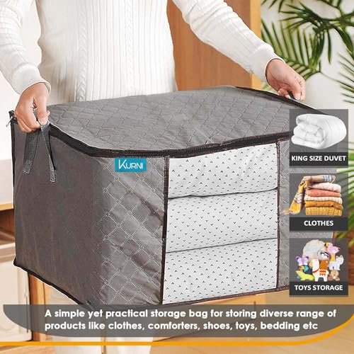 KURNI Storage Bags Clothes Organizer 6 Pack Grey, Large Moving Boxes With Top Lid 90L Capacity, 3 Sided Zipper Storage Box. Dust/Mites & Moisture Proof 60 x 43 x 35cm - Image 3