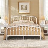 Yaheetech Queen Platform Bed Frame, Victorian Crown Headboard, 800lb Capacity, 12.6' Under-Bed Space, No Box Spring Needed, White Smoke