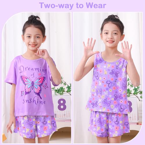 ICOSY Girls Pajamas 3 PCS Kids Pajamas Tank Tops, Short Sleeve Top and Shorts Clothes for Toddler Girls2