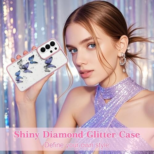 Image of VONZEE for Samsung Galaxy S26 Ultra Clear Glitter Butterfly Case, Cute Bling Sparkle Shiny Soft Silicone TPU Bumper Shockproof Women Girls Slim Protective Phone Cover, Pink