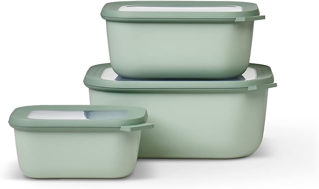 Mepal Multi Bowl Cirqula 3-Piece Set Food Storage Container with Lid - Suitable as Airtight Storage Box for Fridge & Freezer, Microwave Container & Servable Dish - 750, 1500, 3000ml - Nordic Sage.