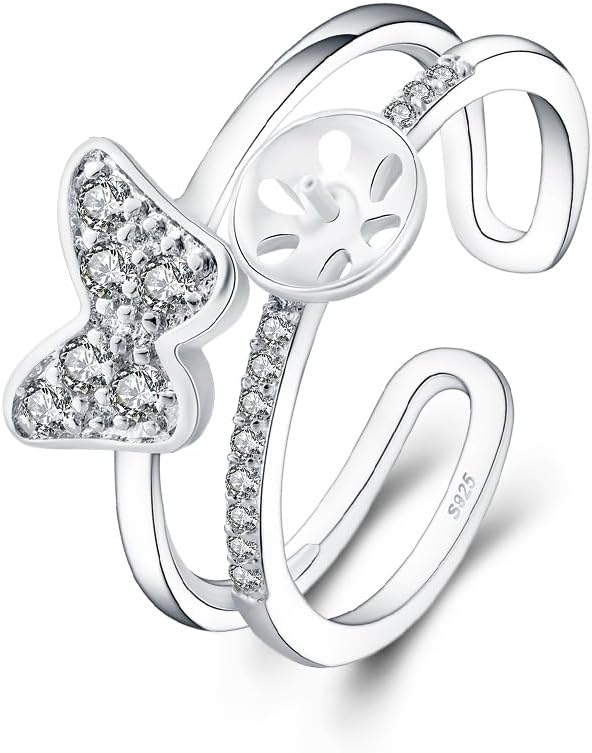 Sterling Silver CZ Butterfly Ring Mounting for Women, Adjustable Ring Fittings Accessories for Pearl Jewelry Making