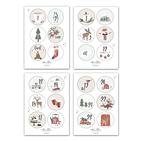 Him & I® - 24 adventskalender-cijferstickers voor kerstkalender - stickers voor adventskalenders (rond/mat/40 mm) - nummers voor papieren zakken - perfect voor doe-het-zelf adventskalenders knutselen en vullen