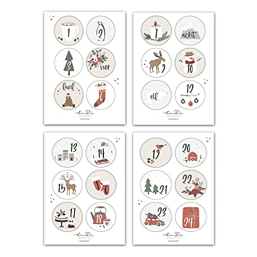 Him & I® - 24 Adventskalender Zahlen Sticker für Weihnachtskalender - Aufkleber für Advents-Kalender (rund/matt / 40mm) - Nummern für Papiertüten - perfekt für DIY Adventskalender basteln & befüllen