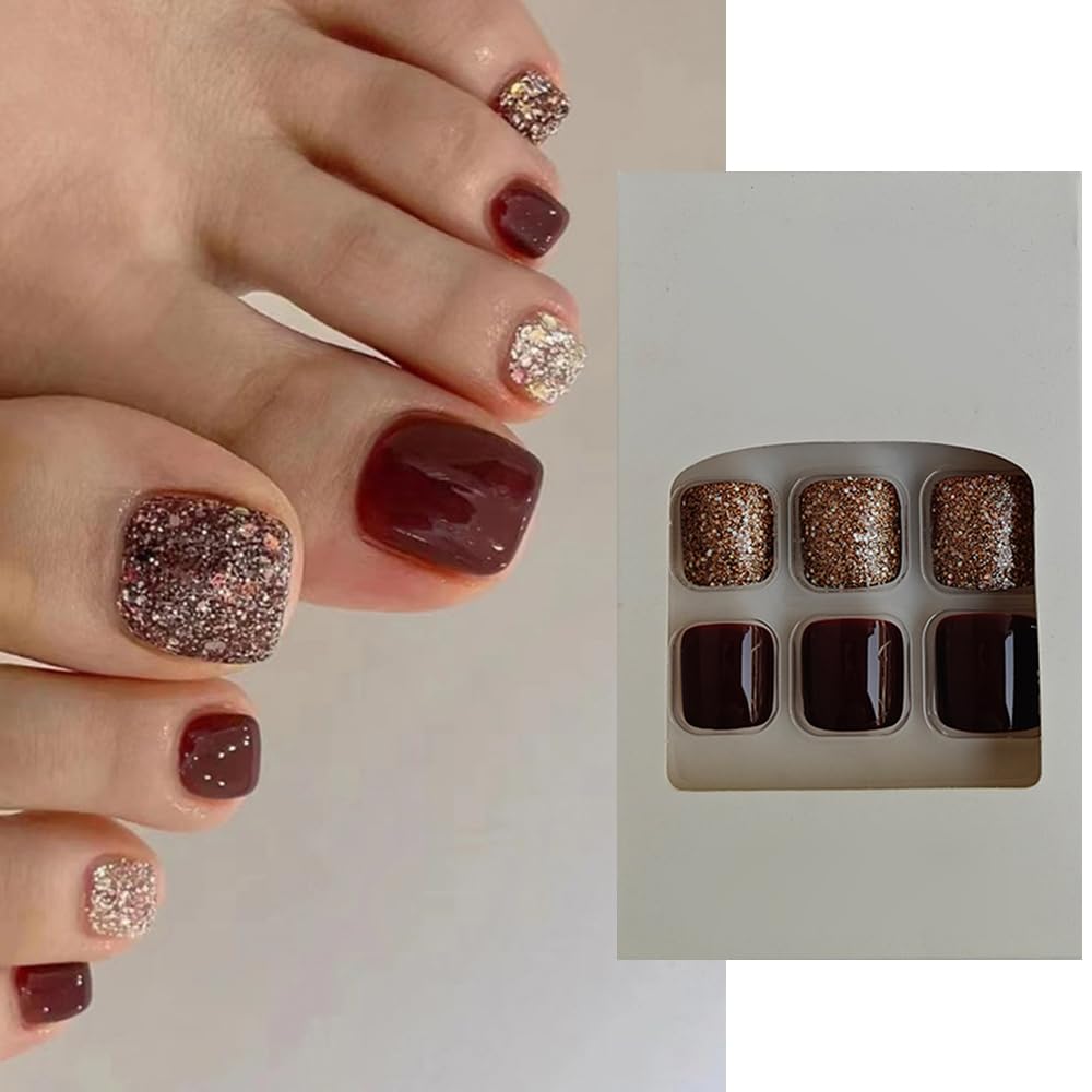 S.A.V.I 24 Pcs Gold Glitter & Wine Maroon Short Toe Nails Set | Natural Shape False Nails | Reusable, Comfortable Artificial Toe Nails for Women | Elegant DIY Manicure Nail Art – Perfect for Parties & Events-image-46