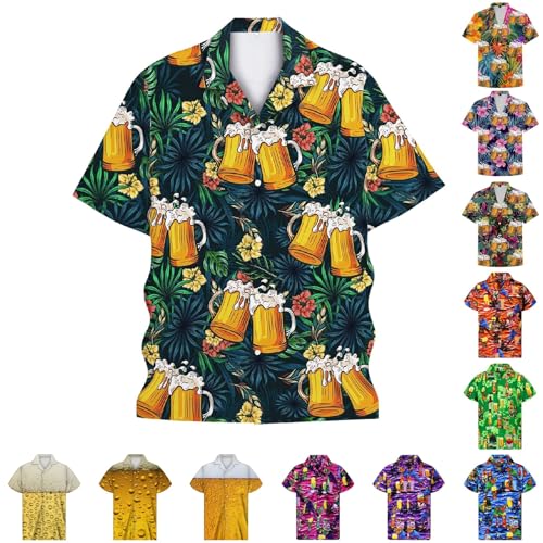 Hawaii Hemd Herren Kurzarm Bier Print Lustige Sommerhemd Männer Bunt Partyhemd Festival Strand Urlaub Freizeit Shirt Oktoberfest Outfit