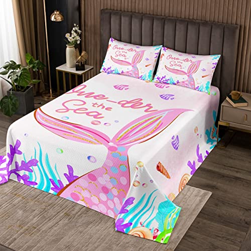 Colcha Acolchada de Sirena Rosa para niñas y niños, Juego de Escamas de Pescado Pastel, Colcha Acolchada para Criatura oceánica, decoración de habitación de Princesa, Sirena, Acolchada, tamaño indivi